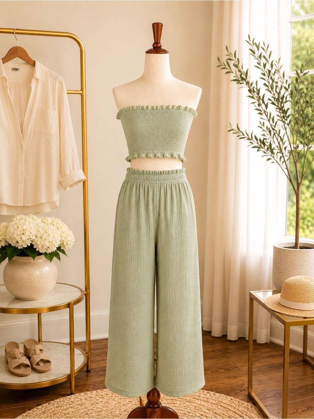Sage Green Two-Piece Smocked Tube Top & Wide-Leg Pants Set